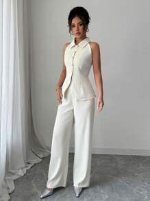 Modelyn 2pcs/Set Women Designed Collared Blouse And Slim Fit Pants, Elegant And Slimming - Apricot - View 5
