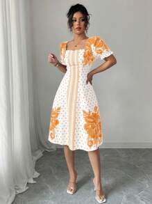 Elenzga Váy Maxi Chữ A In Họa Tiết Tay Phồng Đi Nghỉ Mát Cho Nữ - trái cam - Xem 6