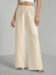SHEIN Tall Loose Cotton Drawstring Waist Trousers In Textured Crinkle Fabric,Cargo Pants - Apricot - View 7