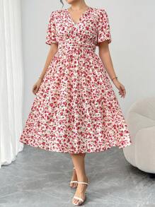 SHEIN Clasi Plus Size Women's Summer Vacation Ditsy Floral V-Neck Ruched High Slit Maxi Dress  Graduation Dress Wedding Guest Dress Women Vacation Outfits Woman  Sundress Festival Birthday Dresses For Women