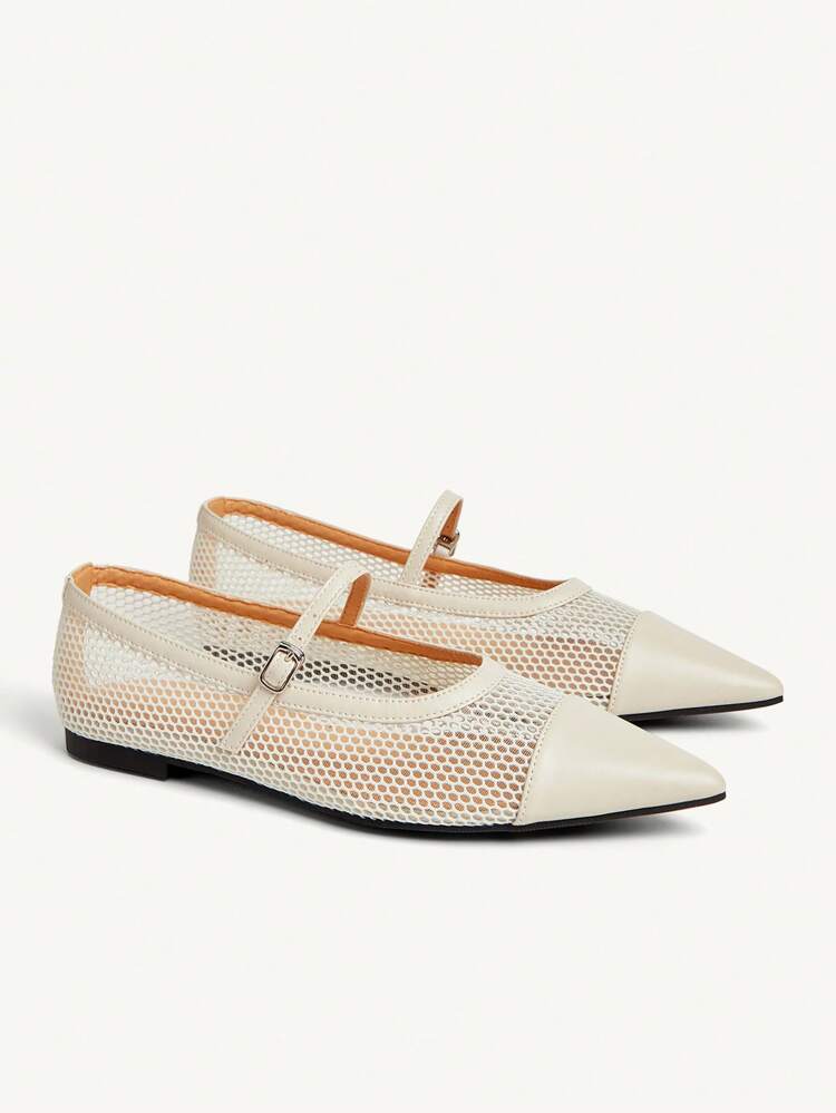 CUCCOO CHICEST Women's Beige Elegant Simple Design Pointed Toe Mesh Flats Casual Mary Jane Shoes, Suitable For Work, Daily Wear And Vacation, Summer