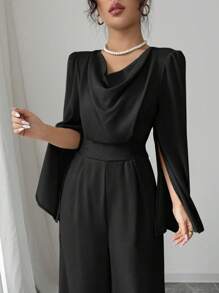 Elenzga Women's Elegant Plunge Neck Fitted Satin Black Jumpsuit Fall Cloth For Women - Black - View 4