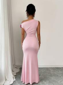 Elenzga 女士优雅 3D 花卉不对称肩部修身长裙 - 粉色 - 查看 2