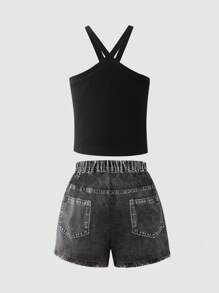 SHEIN Explorewe Tween Girl 2pcs Knitted One Shoulder Top And Distressed Denim Shorts, Casual And Versatile - Black - View 2