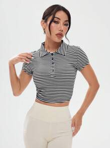 女式夏季休闲条纹短款运动 Polo 衫 - 白色 - 查看 4