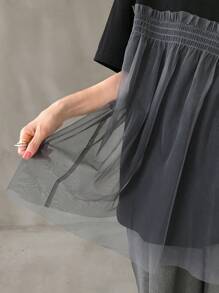 FRIFUL 女士休闲落肩宽松拼接网眼T恤，夏季