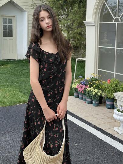 DAZY 少女方领碎花短袖休闲连衣裙，夏季，返校服