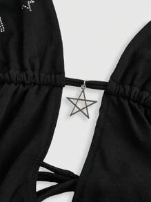 ROMWE Goth Y2K Sexy Starry Rhinestones Pendant Backless Women Halter Dress - Black - View 2