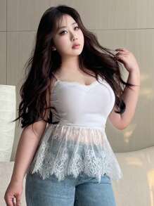 Dazy Plus Women Plus Size Contrast Lace Slim Fit Layered Camisole Top Vacation Going Out Tops - Apricot - View 7