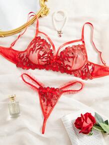 SHEIN 2pcs/Set Women Embroidery Lace Trim Sexy Lingerie Set - Red - View 1