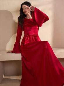 Graceveil Vestido elegante de manga larga acampanada y cuello redondo, de estilo francés, modesto, para mujer - Rojo - Ver 7