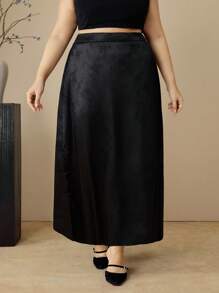 SHEIN MOD 加大码女式中国风暗纹印花松紧腰 A 字裙，手工纽扣和开衩设计，适合优雅、度假、派对、浪漫场合，黑色 - 黑色 - 查看 2