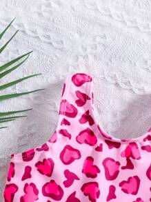 SHEIN Babygirl 夏季可爱休闲针织粉色豹纹泳衣 - 粉色 - 查看 5