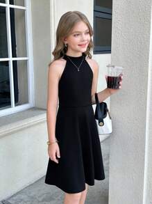 SHEIN Robe noire unie décontractée pour préadolescentes, col montant, sans manches, à taille empire