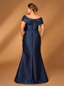 Serin 大码夏季优雅浪漫华丽深蓝色露肩奢华亮片贴花设计蝴蝶结微鱼尾裙，适合晚宴、单身派对、约会、假日、音乐节、婚礼、新娘、母亲礼服、情人节等场合。 - 藏蓝色 - 查看 3