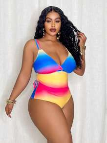 Slaydiva Conjunto de bikini de talla grande para mujer con parte superior con cordón y Bottom triangular estampados con degradado de color, para verano - Multicolor - Ver 3
