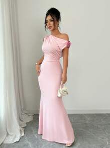 Elenzga 女士优雅 3D 花卉不对称肩部修身长裙 - 粉色 - 查看 7