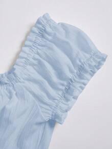 SHEIN Unity Women's Summer Solid Color Ruffle Trim Tie Waist Short Sleeve Blouse - Blue - View 6