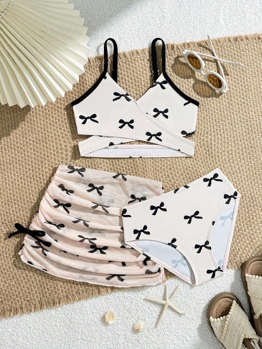 Young Girl Bow Print Bikini Swimsuit Set With Drawstring Skirt - Black and White - View 1