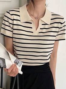 DAZY Blusa de punto de manga corta con cuello y rayas para mujer, atuendo de profesora - Albaricoque - Ver 4