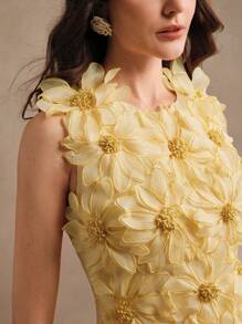 Anewsta 女士优雅褶皱珍珠花朵装饰连衣裙 - 淡黃色 - 查看 7