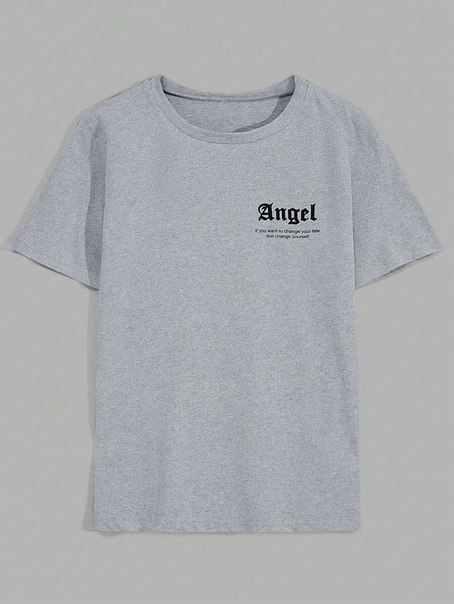 RueChic Tricou cu mânecă scurtă imprimat cu slogan casual de vară pentru bărbați - Gri - Vizualizare 1