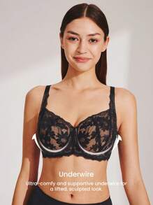 LUVLETTE 女士内衣休闲曲线全覆盖聚拢透气钢圈性感无衬里黑色蕾丝优雅网眼迷你文胸新娘内衣 - 黑色 - 查看 10
