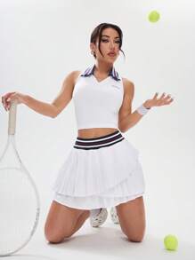 女式拼接领无袖休闲运动 Polo 衫，夏季时尚 - 白色 - 查看 5