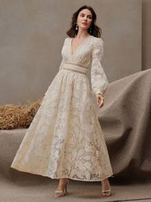 Anewsta Women's Elegant Floral Embroidered Sheer V-Neck Waist Cinching Dress, Suitable For Dates, Weddings, Graduation Ceremonies, Spring/Summer - Apricot - View 5