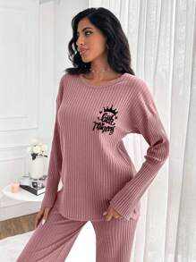 SHEIN Cottnline Letter Pattern Drop Shoulder Ribbed Knit Home Wear Set - Redwood - View 3