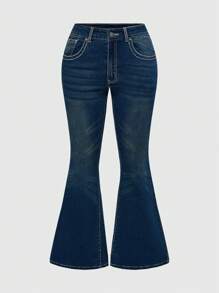 ROMWE Grunge Punk Plus Size Casual Washed Denim Jeans With Wing Embroidery - Blue - View 2