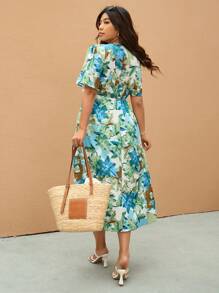 Elaquor 优雅V领收腰休闲大码连衣裙 - 彩色 - 查看 2