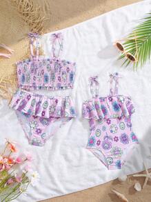 Baby/Baby Girl Pink Adorable Ruffle One-Piece Swimsuit, Suitable For Beach In Summer - Pink - View 1