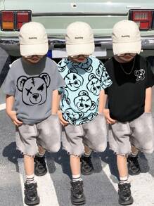 Bộ 3 áo thun tay ngắn cổ tròn in hình gấu dễ thương phong cách Hàn Quốc Nhật Bản cho bé trai, 3 màu, thích hợp cho ngày tựu trường - Nhiều màu - Xem 1