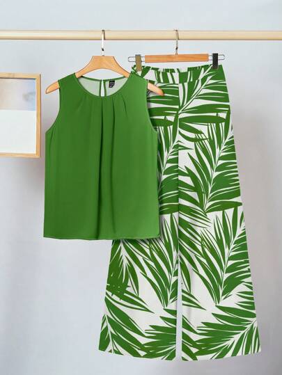 SHEIN Clasi 2pcs/Set Women's Casual Plant Graphic Sleeveless Top And Loose Pants Set, Suitable For Summer Vacation Suitable For Going Out