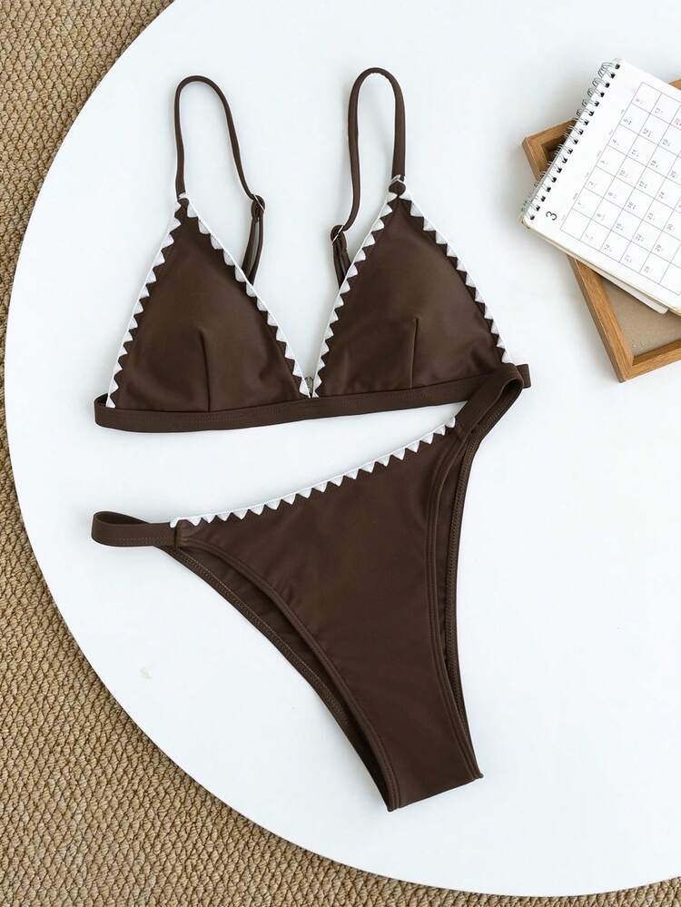 Swim Chiccia 2pcs/Set Women's Elegant Solid Color Crochet Trim Triangle Cup Halter Backless High Cut Tanga Bikini Swimsuit Set For Summer Beach Vacation - Coffee Brown - View 5