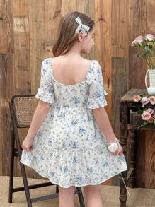 LMoss Kids LMoss Tween Girl Printed Pleated V-Neck Fitted Casual Dress - Multicolor - View 2