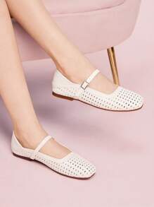 CUCCOO DOLLMOD Women's Round Toe Low Heel Beige Woven Mesh Fabric Chic Minimalist Buckle Strap Flats