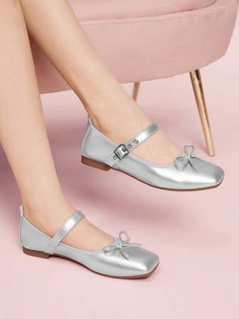 CUCCOO DOLLMOD 女士时尚银色软蝴蝶结芭蕾平底鞋