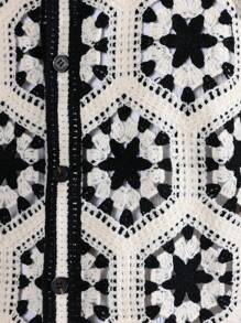 SUMWON Luxury Short Sleeve Crochet Zip Front Jacket Boho Vintage Pattern Hexagon Knit Winter Spring Seasonal Fashion - Black and White - View 4