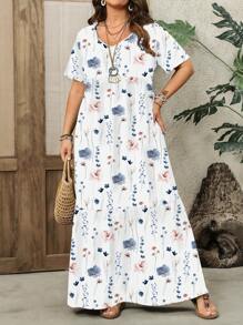 EMERY ROSE Große Größen Boho weißes Sommerurlaubskleid, Ditsy-Blumenmuster Kurzarm lässiges lockeres langes Kleid, Strandkleid für Frauen Urlaubsoutfits - Verschiedenfarbig - Übersicht 6