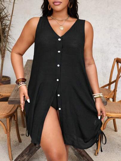 Swim Lushoire Plus Size Women Sleeveless Drawstring Side Casual Sexy Beach Vest/Cardigan,Beach Cover Up For Summer Beach Vacation