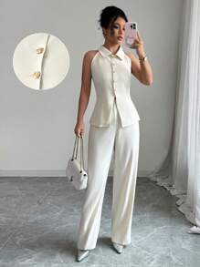 Modelyn 2pcs/Set Women Designed Collared Blouse And Slim Fit Pants, Elegant And Slimming - Apricot - View 1