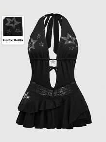 ROMWE Goth Y2K Sexy Starry Rhinestones Pendant Backless Women Halter Dress - Black - View 1