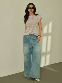 SHEIN PETITE Maglietta casual estiva da donna a maniche corte con collo tondo e righe
