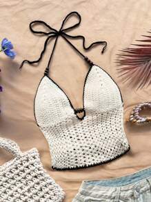 Soleia Women's White And Black Summer Boho Vacation Holiday Knitted Top,V-Neck Halter Tie-Up Open Back Bowknot Fitted Short Pearl Decor Resort Party Beach - White - View 1