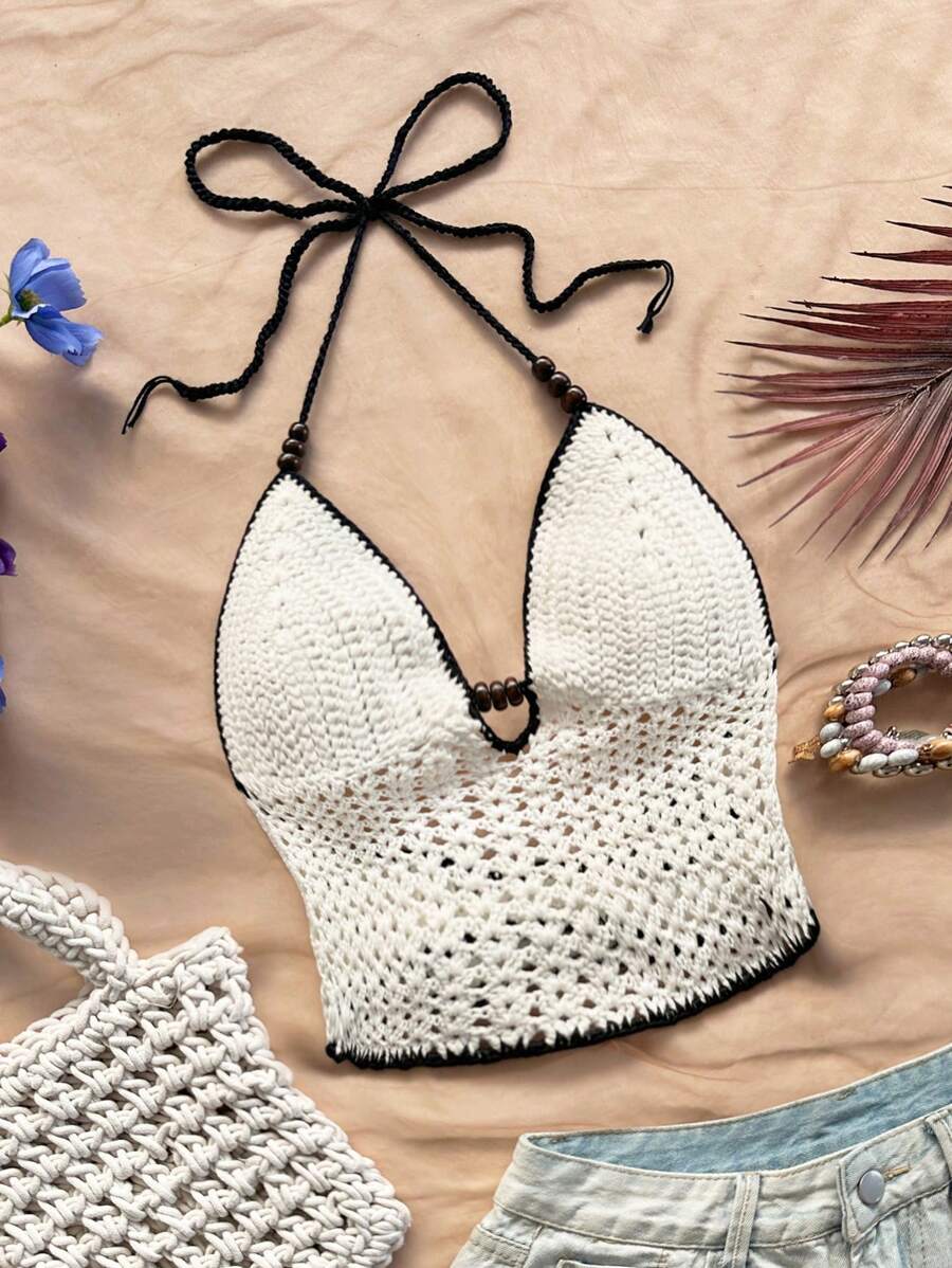 Soleia Women's White And Black Summer Boho Vacation Holiday Knitted Top,V-Neck Halter Tie-Up Open Back Bowknot Fitted Short Pearl Decor Resort Party Beach - White - View 1