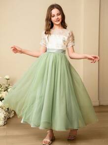 SHEIN 女童公主网纱泡泡裙，奢华儿童派对礼服，演出服 - 綠色 - 查看 1