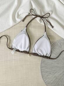 Swim Chiccia 女式夏季海滩纯色闪亮面料露背领口抽绳珍珠吊带休闲泳装比基尼上衣