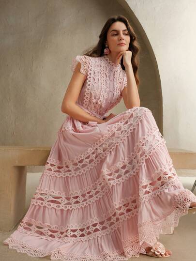 Anewsta Solid Color Elegant Lace Patchwork Sleeveless Long Dress For Women, Summer, Beach, Holiday, Casual